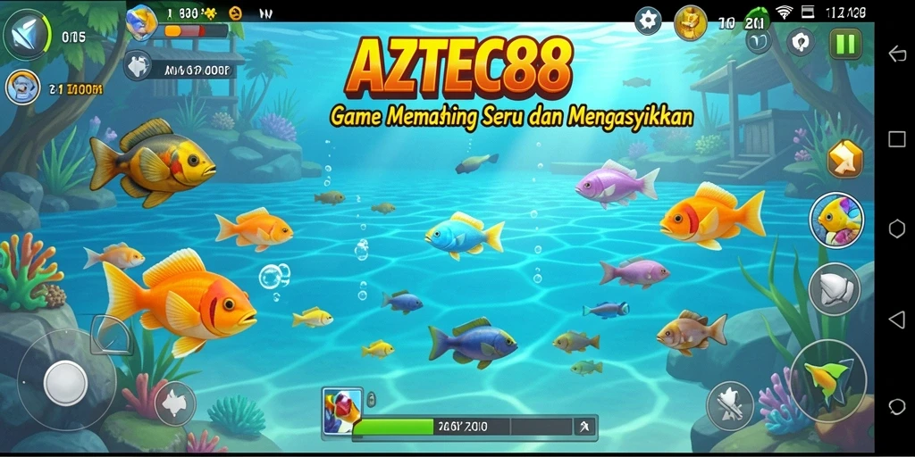Tampilan gameplay AZTEC88 yang mendebarkan saat memancing ikan.