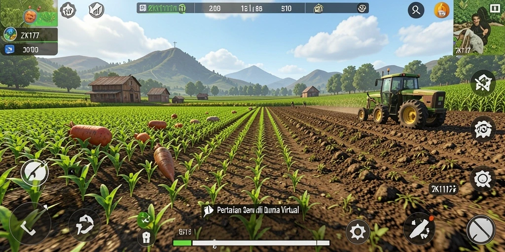 Screenshot gameplay ZK1177 menampilkan ladang yang subur dan hewan ternak.